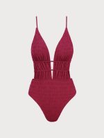 Red Textured Plunge One-Piece Swimsuit - Image 6