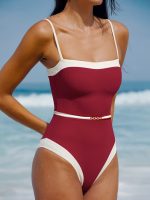 Wine Red Contrast Gleam One-Piece Swimsuit - Image 4