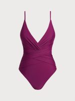 Burgundy Ruched V Neck One-Piece Swimsuit - Image 6