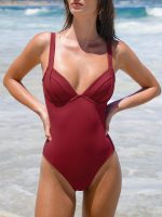 Wine Red Cross Back One Piece Swimwear - Image 4