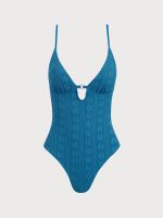 Blue Textured Cutout One Piece Swimwear - Image 10