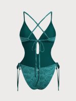 Dark Green Jacquard X Cross One-Piece Swimsuit - Image 7