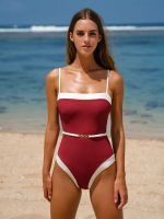 Wine Red Contrast Gleam One-Piece Swimsuit - Image 6