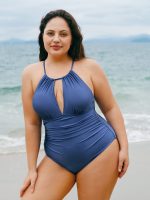 Blue Halter Ruched Plus Size One-Piece Swimsuit - Image 4
