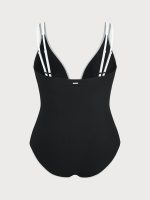 Black Contrast V Neck Plus Size One-Piece Swimsuit - Image 6