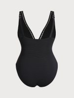 Black V Neck Ruched Plus Size One-Piece Swimsuit - Image 6