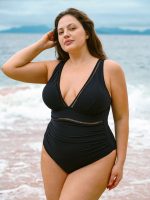 Black V Neck Ruched Plus Size One-Piece Swimsuit - Image 4