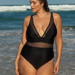 Black Sheer V-Neck Plus Size One-Piece Swimsuit