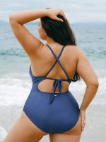 Blue Halter Ruched Plus Size One-Piece Swimsuit - Image 2