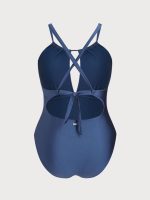 Blue Halter Ruched Plus Size One-Piece Swimsuit - Image 7