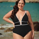 Black Contrast V Neck Plus Size One-Piece Swimsuit