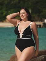 Black Contrast V Neck Plus Size One-Piece Swimsuit - Image 3
