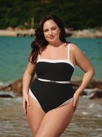 Black Contrast Gleam Plus Size One-Piece Swimsuit - Image 3