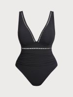 Black V Neck Ruched Plus Size One-Piece Swimsuit - Image 5