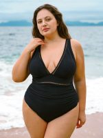Black V Neck Ruched Plus Size One-Piece Swimsuit - Image 3