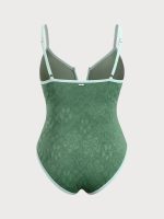 Dark Green Jacquard V Notch Plus Size One-Piece Swimsuit - Image 5