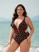 Cherry Drawstring Plus Size One-Piece Swimsuit - Image 4