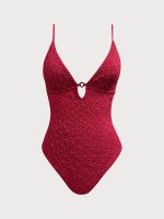 Wine Red Textured Cutout One Piece Swimwear - Image 7