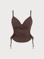Coffee Ribbed Ruched Tie Side Plus Size Tankini Top - Image 6