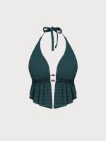Dark Green Textured Halter Plus Size Tankini Top - Image 5