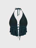 Dark Green Textured Halter Plus Size Tankini Top - Image 6