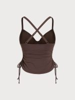 Coffee Ribbed Ruched Tie Side Plus Size Tankini Top - Image 7