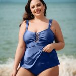 Blue Ruched Cutout Plus Size Tankini Top