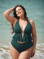 Dark Green Textured Halter Plus Size Tankini Top - Image 3
