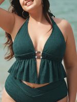 Dark Green Textured Halter Plus Size Tankini Top