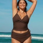 Coffee Ribbed Ruched Tie Side Plus Size Tankini Top
