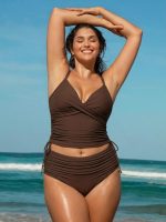 Coffee Ribbed Ruched Tie Side Plus Size Tankini Top