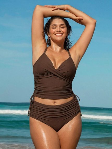 Coffee Ribbed Ruched Tie Side Plus Size Tankini Top