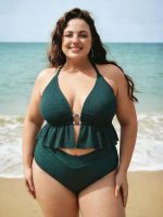 Dark Green Textured Halter Plus Size Tankini Top - Image 4