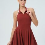 Dark Red Collar Backless Tennis Dress - Light Support