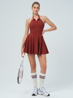 Dark Red Collar Backless Tennis Dress - Light Support - Image 5
