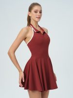 Dark Red Collar Backless Tennis Dress - Light Support - Image 3