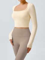 Beige Cutout Ruched Long Sleeve Top - Image 3