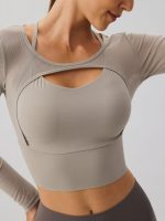 Khaki Cut Out Long Sleeve Top--Light Support - Image 2