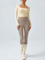 Beige Cutout Ruched Long Sleeve Top - Image 2