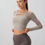 Khaki Cut Out Long Sleeve Top--Light Support