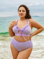 Purple Ruffled Drawstring Plus Size Bikini Top - Image 4