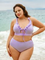Purple Ruffled Drawstring Plus Size Bikini Top - Image 3