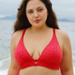 Red Textured V Neck Plus Size Bikini Top