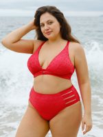 Red Textured V Neck Plus Size Bikini Top - Image 4