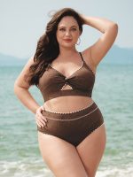 Dark Coffee Textured Cutout Plus Size Bikini Top - Image 5