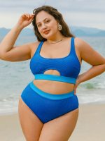 Blue Contrast Cut Out Plus Size Bikini Top - Image 3