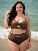 Dark Coffee Textured Cutout Plus Size Bikini Top - Image 3