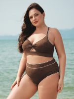 Dark Coffee Textured Cutout Plus Size Bikini Top - Image 4