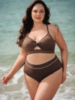 Dark Coffee Textured Cutout Plus Size Bikini Top - Image 6
