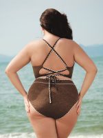Dark Coffee Textured Cutout Plus Size Bikini Top - Image 2